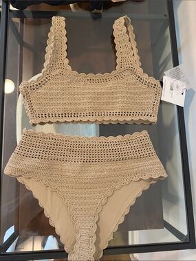 Beach Riot Crochet Brown Tan Two Piece Bikini Bathing suit Set Size Medium M